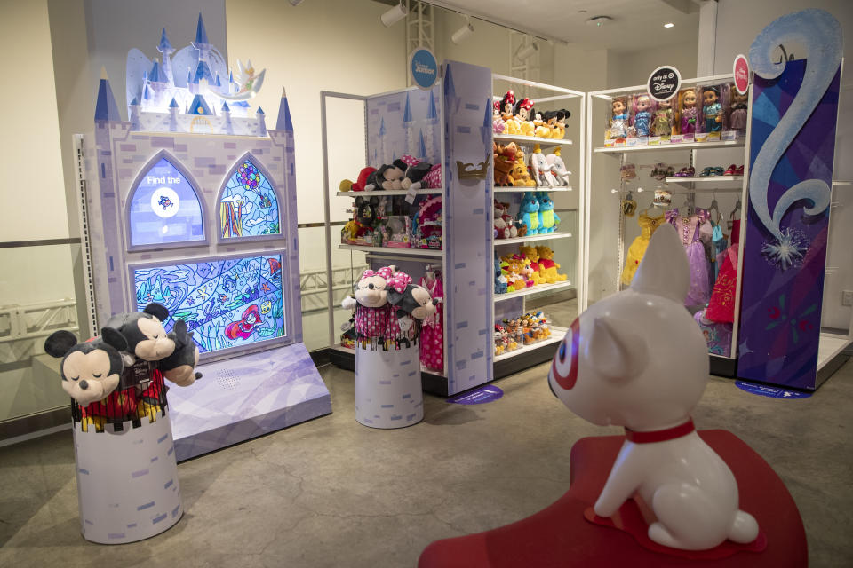 In this Wednesday, Oct. 23, 2019, photo shows a Disney interactive display during a Target Holiday Outlook event in New York. Target Corp. says it's spending $50 million more on payroll during the fourth quarter than it did a year ago so that there'll be more workers on hand to help harried shoppers scrambling to get their shopping done in a shorter amount of time. (AP Photo/Mary Altaffer)