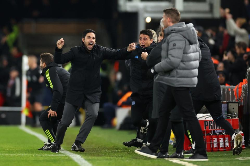 Mikel Arteta celebrates Declan Rice's last-gasp winner (Getty Images)