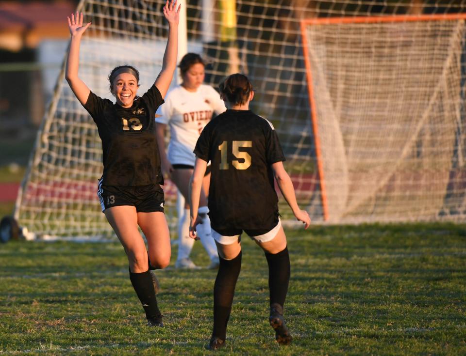 Gianna Buysse of Viera celebrates her goal against Oviedo w in the FHSAA Class 6A girls soccer tournament with teammate 	Natalya Espling Wednesday, February 21, 2024. Craig Bailey/FLORIDA TODAY via USA TODAY NETWORK