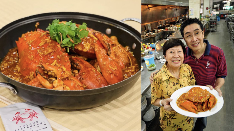 Roland Restaurant's Chilli Crab (left) and Cher Yam Tian with son Roland Lim (Photos: Roland Restaurant/Facebook & Death Kopitiam Singapore/Facebook)