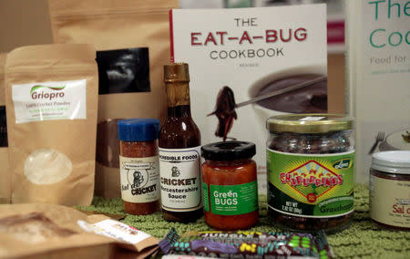 Food products made with insects in the ingredients are displayed during the 'Eating Insects Detroit: Exploring the Culture of Insects as Food and Feed' conference at Wayne State University in Detroit, Michigan May 26, 2016. REUTERS/Rebecca Cook