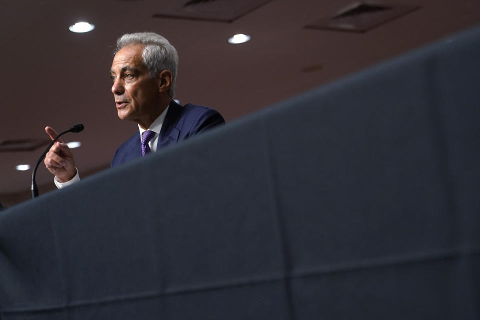 U.S. Ambassador to Japan nominee Rahm Emanuel speaks during a hearing to examine his nomination before the Senate Foreign Relations Committee on Capitol Hill in Washington, Wednesday, Oct. 20, 2021. (AP Photo/Patrick Semansky)