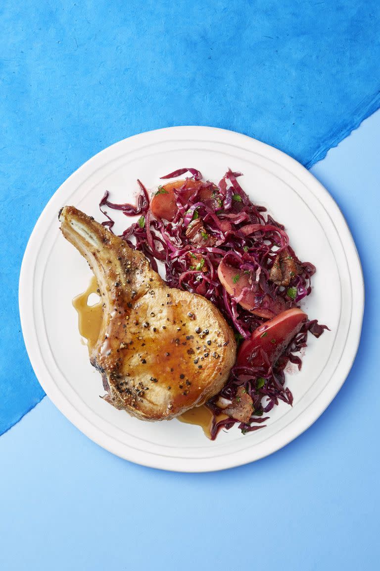 <p>The braised cabbage and apples on this side of this dish and some unexpected tangy flavors to meal.</p><p><em><a href="https://www.goodhousekeeping.com/food-recipes/easy/a47532/pork-chops-with-balsamic-braised-cabbage-and-apples-recipe/" rel="nofollow noopener" target="_blank" data-ylk="slk:Get the recipe for Pork Chops with Balsamic-Braised Cabbage and Apples »;elm:context_link;itc:0;sec:content-canvas" class="link ">Get the recipe for Pork Chops with Balsamic-Braised Cabbage and Apples »</a></em></p>