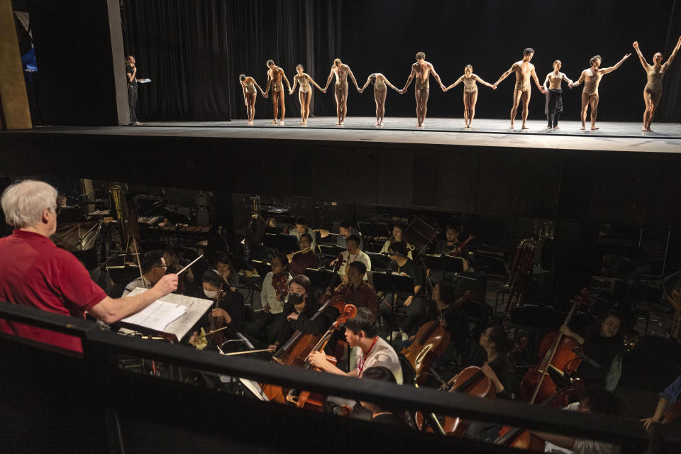 American Ballet Theater's dancers rehearse for the opening night at the Shanghai Grand Theater in Shanghai, Thursday, Nov. 2, 2023. The American national ballet company is returning to China for the first time in a decade for shows in Shanghai and Beijing in the latest sign strained relations between the United States and China are beginning to thaw. (AP Photo/Ng Han Guan)