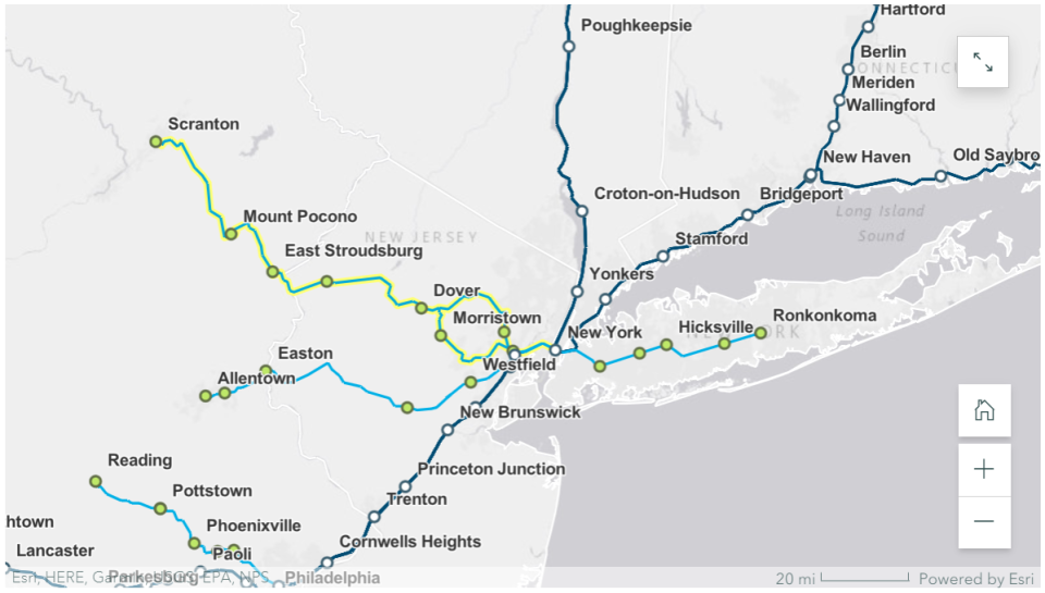 The Scranton to New York City route is highlighted on this map from Amtrak.