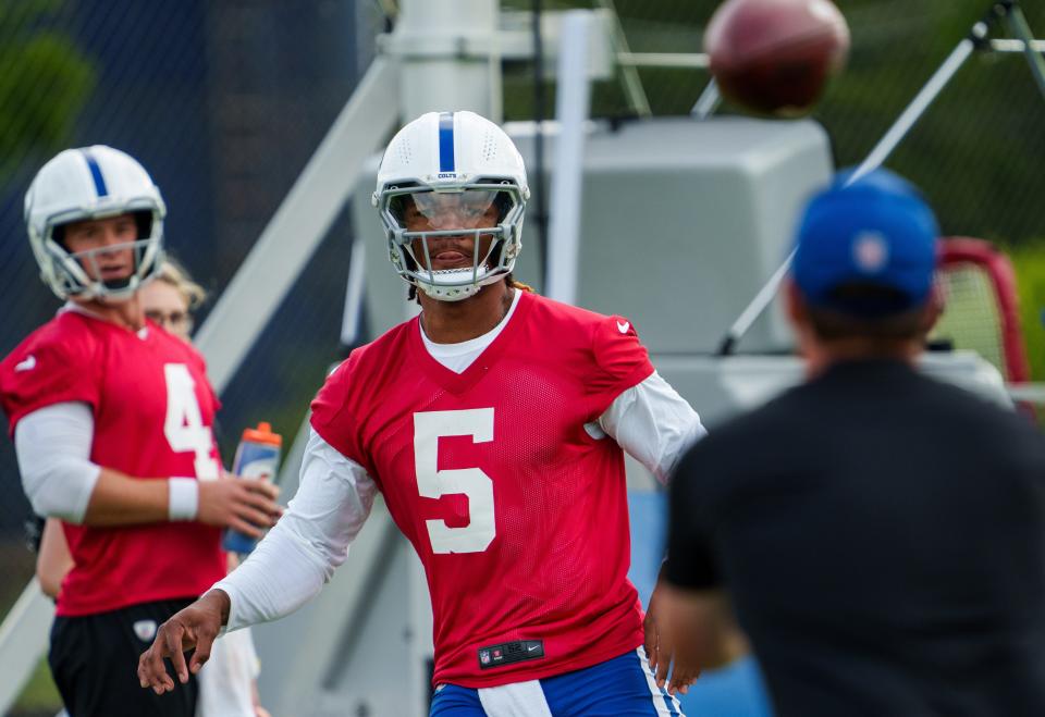 Indianapolis Colts quarterback Anthony Richardson (5) passes Tuesday, Aug. 15, 2023, during training camp at Grand Park Sports Campus in Westfield, Indiana.