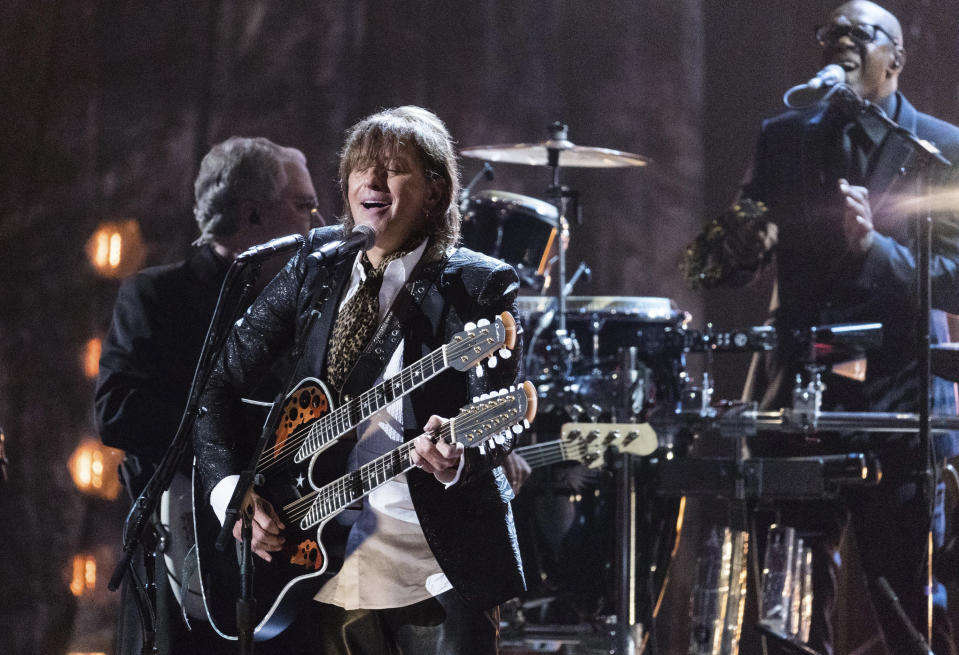 FILE - Richie Sambora performs at the Rock and Roll Hall of Fame Induction Ceremony on April 14, 2018, in Cleveland, Ohio. Sambora turns 62 on July 11. (Photo by Michael Zorn/Invision/AP, File)