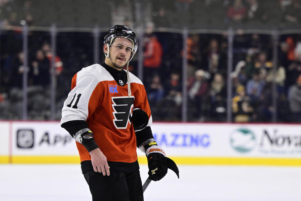 Philadelphia Flyers' Travis Konecny skates off the ice after his team's loss to the Boston Bruins in an NHL hockey game, Saturday, Jan. 27, 2024, in Philadelphia. (AP Photo/Derik Hamilton)