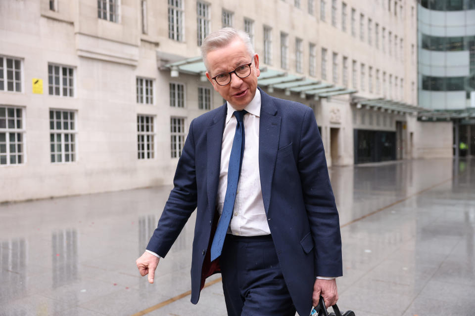 LONDON, ENGLAND - MARCH 26: Michael Gove, Secretary of State for Levelling Up, Housing and Communities, leaves BBC Broadcasting House after his appearance on Sunday with Laura Kuenssberg on March 26, 2023 in London, England. The weekly interview show features politicians and other newsmakers in conversation with the BBC's former political editor. (Photo by Hollie Adams/Getty Images)