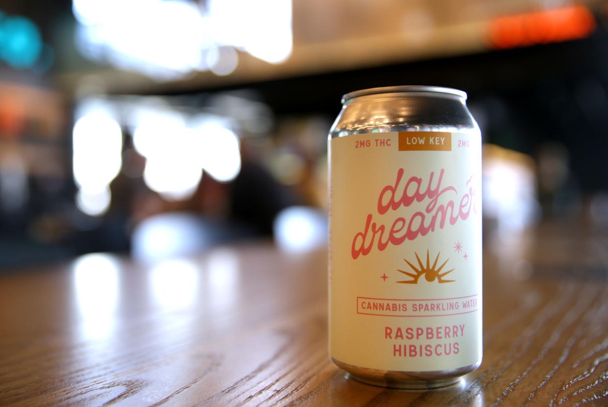 A 2mg can of Field Day Brewing Co.'s Raspberry Hibiscus Day Dreamer THC beverage is pictured Wednesday, Feb. 21, 2024 at the brewery in North Liberty, Iowa.