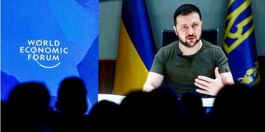 Volodymyr Zelensky speaks via video conference at the Davos Economic Forum on May 23.