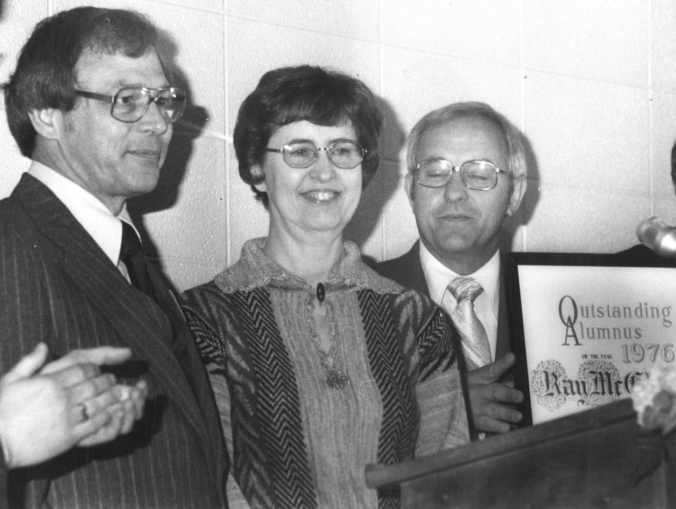 Ray McGlothlin Jr., left, was honored in 1977 as the 1976 Outstanding Alumnus of Abilene Christian. At his left his wife, Kay.