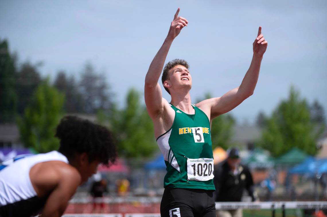 Kentridge’s Alex Conner celebrates his hard-fought state title in the 4A boys 300 hurdles during the final day of the WIAA state track and field championships at Mount Tahoma High School in Tacoma, Washington, on Friday, May 26, 2023. Tony Overman/toverman@theolympian.com