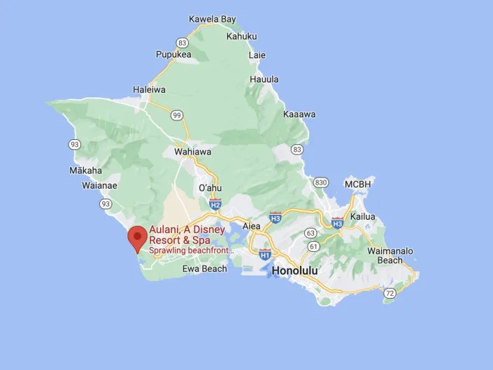 A google map view of Oahu, Hawaii, with a pin drop on Aulani, a Disney Resort & Spa.
