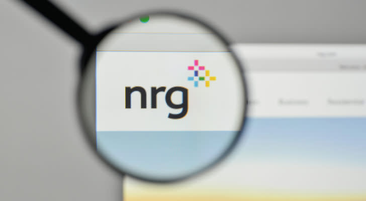 Close up of NRG logo on website against blurred background.