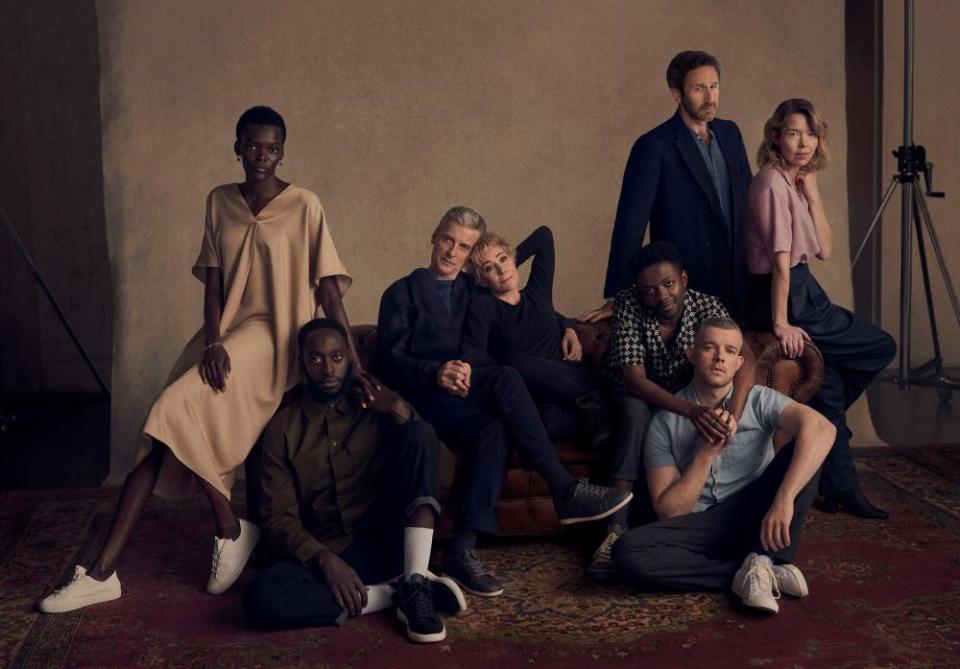 The full cast of Constellations, with (left to right) Atim and Jeremiah, Peter Capaldi and Zoë Wanamaker, Omari Douglas and Russell Tovey, and Chris O’Dowd and Anna Maxwell Martin.