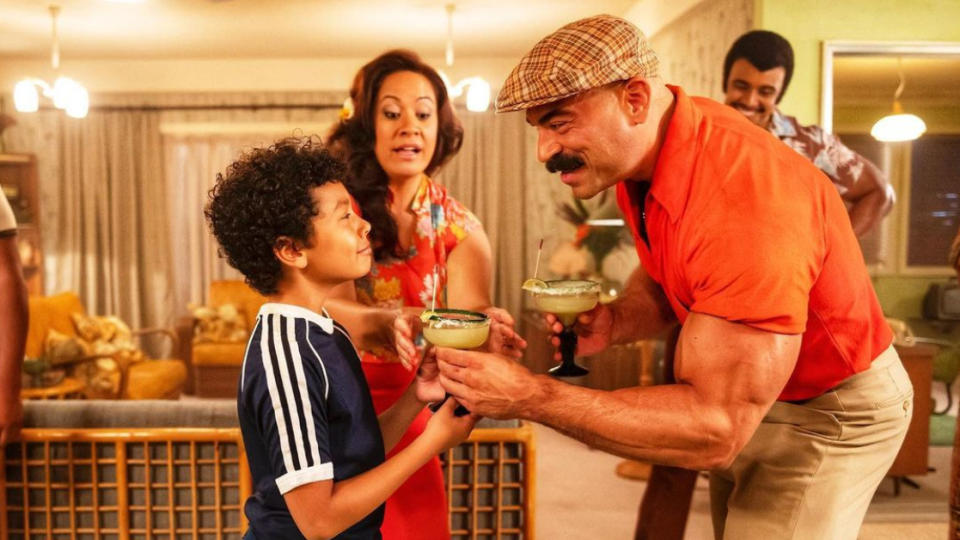 Brett Azar as The Iron Sheik and Adrian Groulx as Dwayne Johnson in 'Young Rock'. (Credit: Dwayne Johnson/Instagram/NBC)