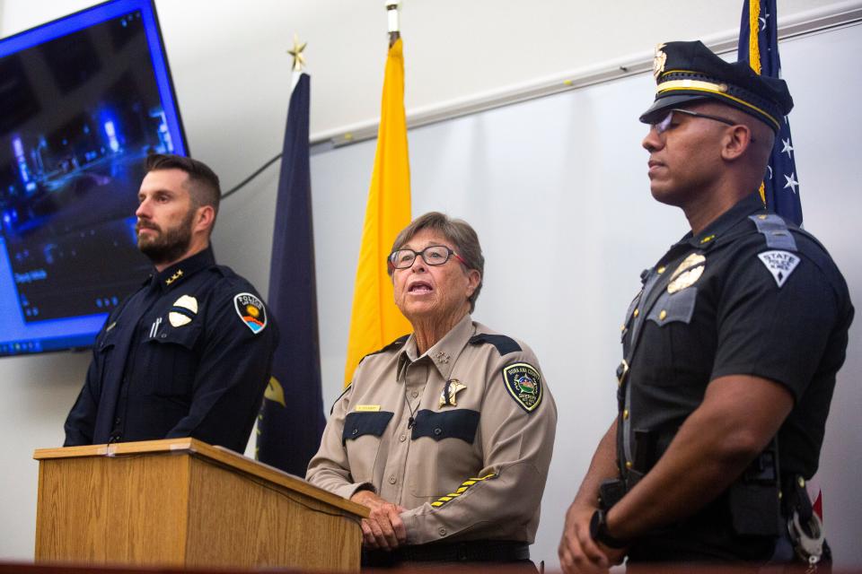 LCPD Interim Chief Jeremy Story, Sheriff Kim Stewart and NMSP Lieutenant Ray White present the body cam footage of an officer involved shooting during a DASO news conference on Tuesday, July 18, 2023, at Doña Ana County Government Center.