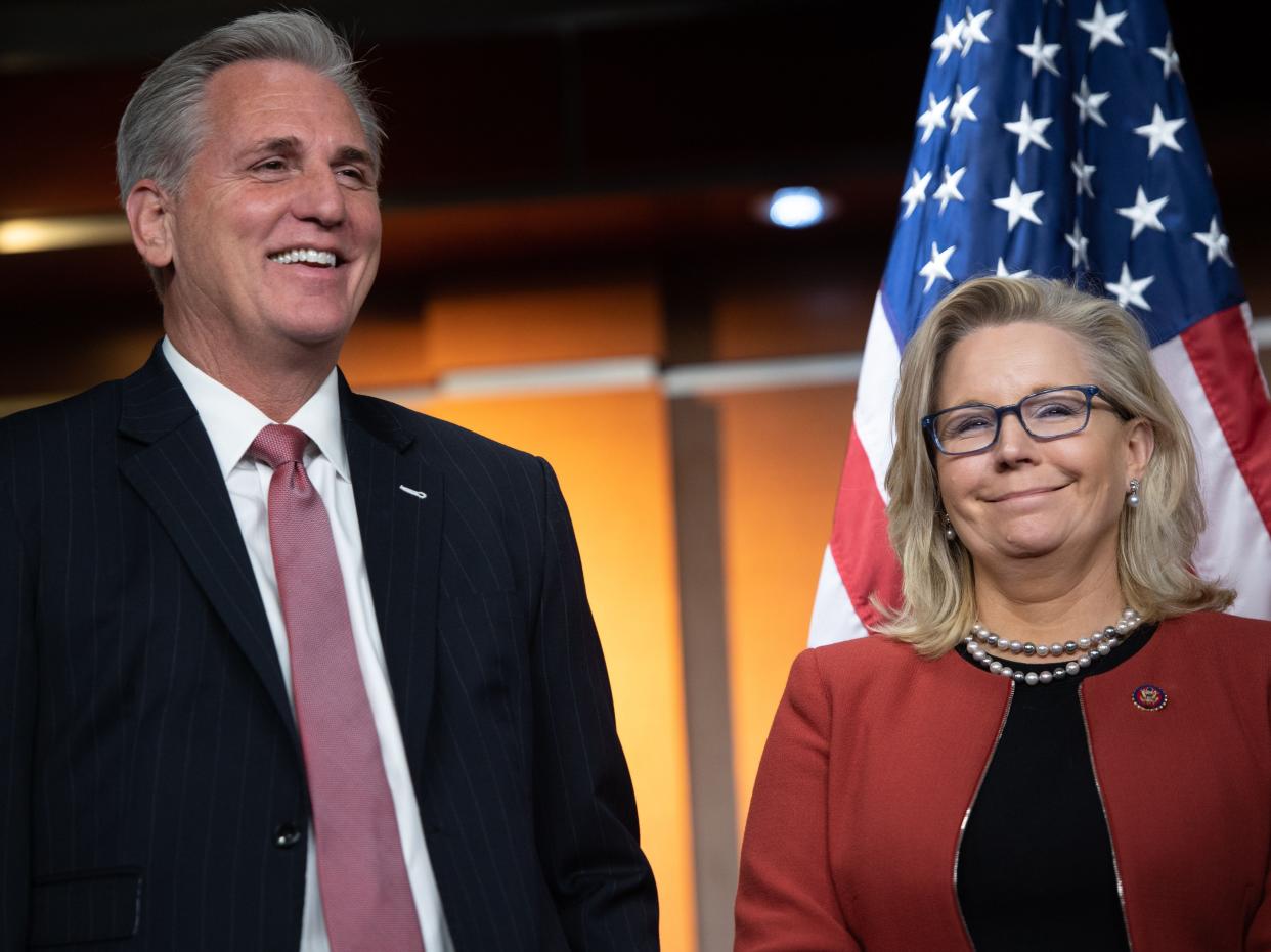 House Minority Leader Kevin McCarthy, Republican of California, speaks with Representative Liz Cheney (R), Republican of Wyoming, during a press conference on Capitol Hill in Washington, DC, October 22, 2019.