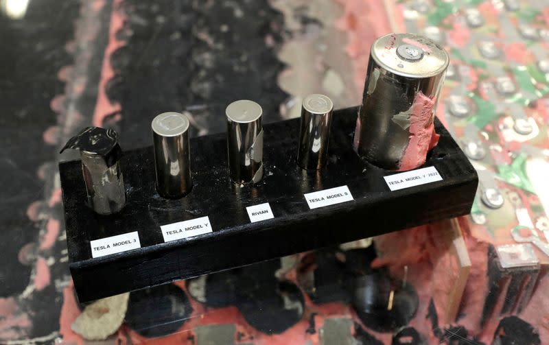 A partially disassembled 4680 battery pack from a Tesla 2022 Model Y