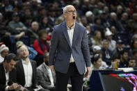 UConn head coach Dan Hurley reacts in the second half of an NCAA college basketball game against Arkansas-Pine Bluff, Saturday, Dec. 9, 2023, in Storrs, Conn. (AP Photo/Jessica Hill)