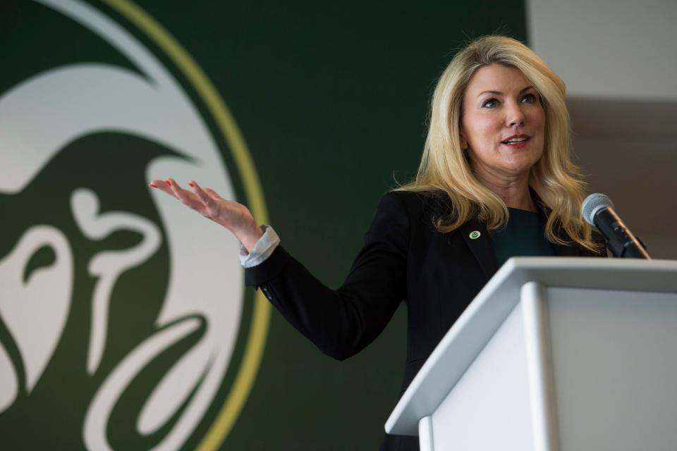 Amy Parsons, then executive vice chancellor of the CSU System, speaks at a press conference announcing CSU's stadium naming rights partnership with Public Service Credit Union, which has since rebranded as Canvas Credit Union, in 2018.