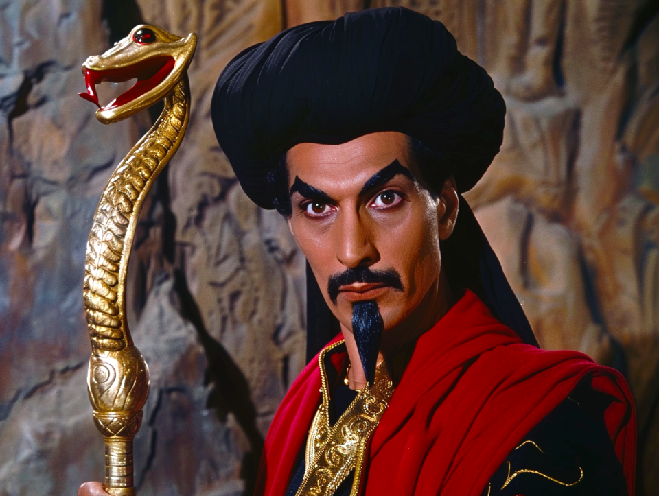 Character Jafar from Aladdin in elaborate costume holding a cobra-headed staff