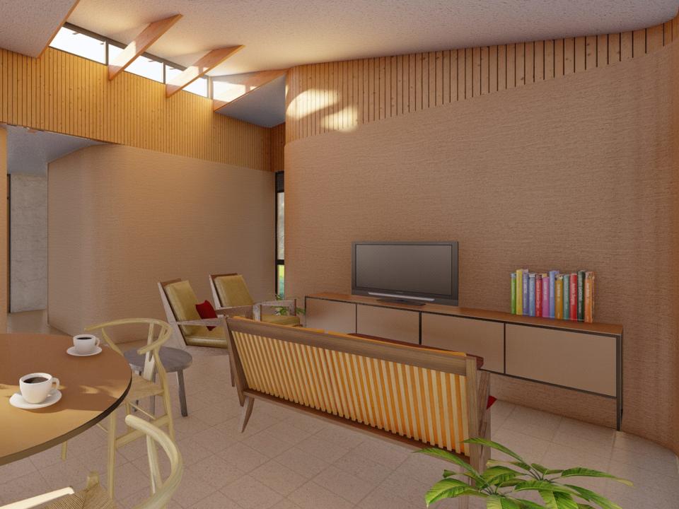 A rendering of the living room inside 14Trees' 3D printed home