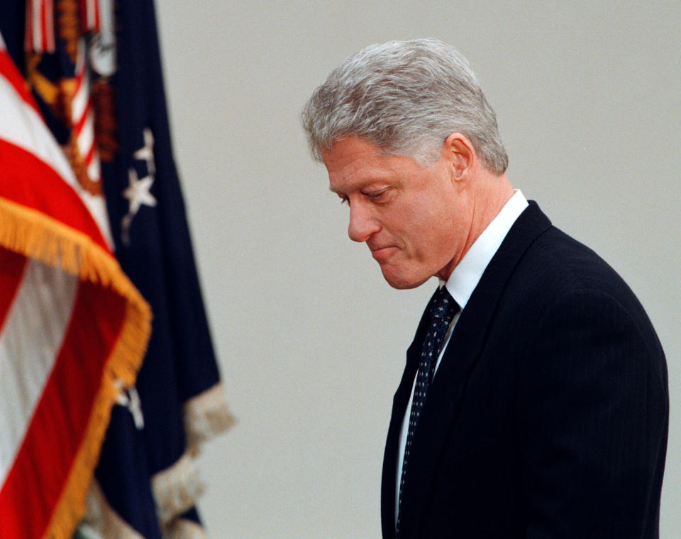 President Clinton makes a short statement regarding the Senate acquitting him of impeachment charges in the Rose Garden at the White House February 12, 1999. (Photo: Mike Holmes/Getty Images)