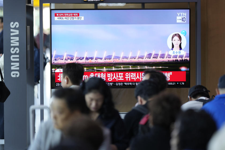 A TV screen shows a report of North Korea's multiple rocket launchers during a news program at the Seoul Railway Station in Seoul, South Korea, Friday, May 31, 2024. North Korean leader Kim Jong Un supervised firing drills involving nuclear-capable "super-large" multiple rocket launchers to show the country's ability to carry out preemptive attacks on rival South Korea, state media reported Friday. (AP Photo/Lee Jin-man)