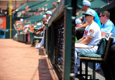 Jun 17, 2018; Baltimore, MD, USA; Baltimore Orioles first baseman Chris Davis (19) watches from the dugout during the game against the Miami Marlins at Oriole Park at Camden Yards. Mandatory Credit: Evan Habeeb-USA TODAY Sports