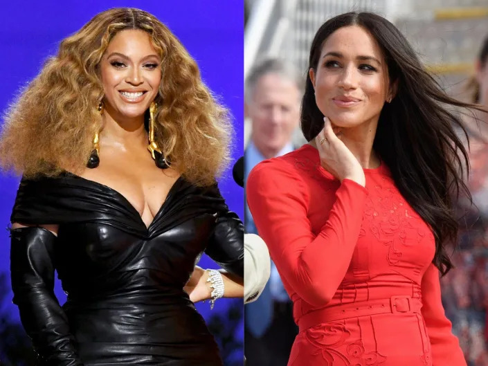 Beyoncé at the Grammy Awards in Los Angeles on March, 2021 (L) and Meghan Markle on a tour of Tonga in October, 2018 (R).