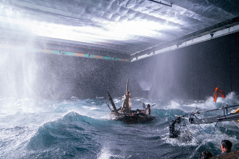 Galadriel (Morfydd Clark) and Halbrand (Charlie Vickers) grapple with a fake storm while filming in a massive water tank<span class="copyright">Ben Rothstein—Prime Video</span>