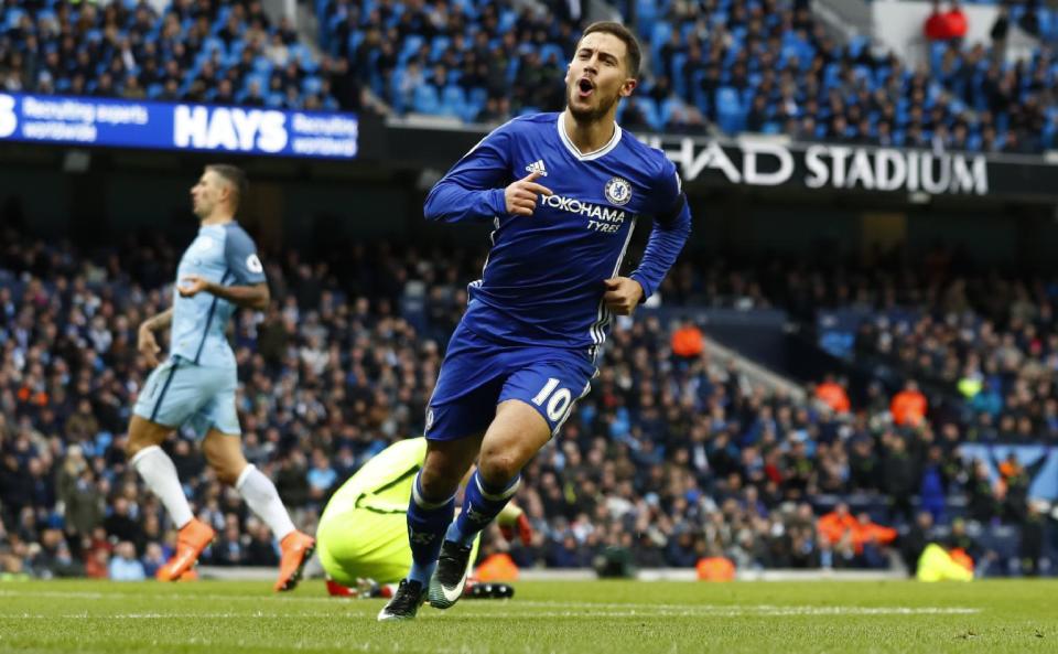 Britain Football Soccer - Manchester City v Chelsea - Premier League - Etihad Stadium - 3/12/16 Chelsea's Eden Hazard celebrates scoring their third goal Action Images via Reuters / Jason Cairnduff Livepic EDITORIAL USE ONLY. No use with unauthorized audio, video, data, fixture lists, club/league logos or "live" services. Online in-match use limited to 45 images, no video emulation. No use in betting, games or single club/league/player publications. Please contact your account representative for further details.