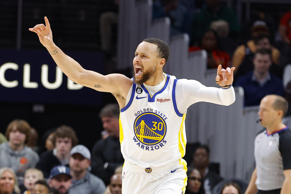 ATLANTA, GA - MARCH 17: Stephen Curry #30 of the Golden State Warriors reacts during the first half against the Atlanta Hawks at State Farm Arena on March 17, 2023 in Atlanta, Georgia. NOTE TO USER: User expressly acknowledges and agrees that, by downloading and or using this photograph, User is consenting to the terms and conditions of the Getty Images License Agreement. (Photo by Todd Kirkland/Getty Images)