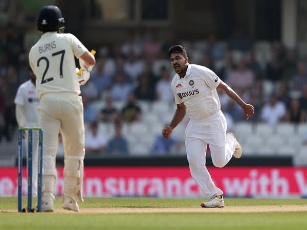 Shardul Thakur celebrates after dismissing Rory Burns. (Image: BCCI/Twitter)