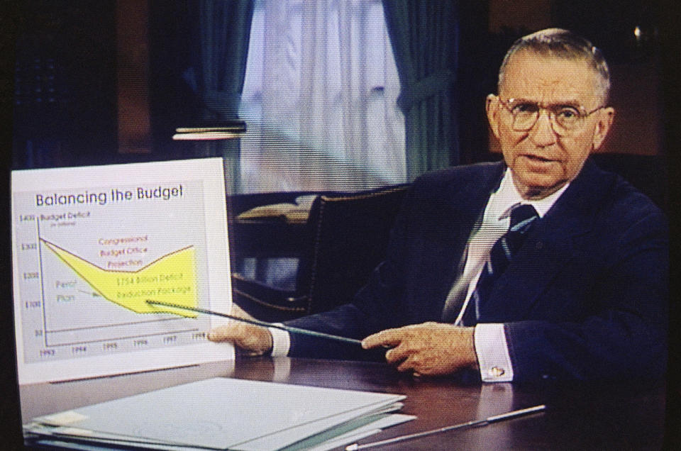 FILE – In this image from video, Ross Perot points to a budget deficit chart in a paid 30-minute television commercial, during a media preview in Dallas on Oct. 16, 1992. On Friday, July 19, 2019, The Associated Press reported on stories circulating online incorrectly asserting that the Texas billionaire left $100 million to the Trump 2020 campaign when he died. Social media users began circulating the false claim after it was posted by a satire site shortly after Perot’s death on July 9. (AP Photo/File)