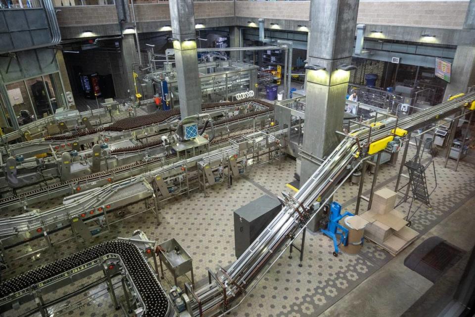 The factory line of bottled beer travels on a conveyor belt, awaiting filling.