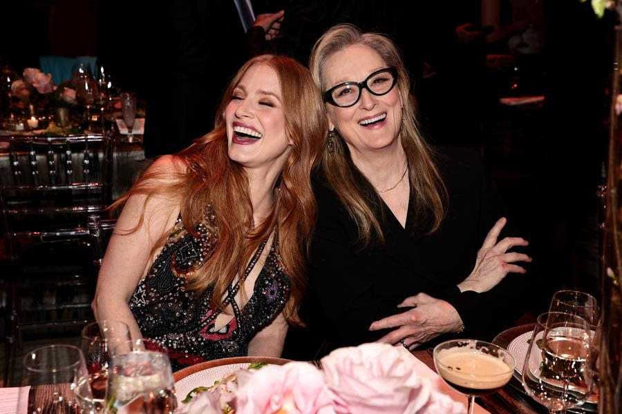 Jessica Chastain and Meryl Streep reflect the feeling of the night at the 2023 Chaplin Award Gala honoring Viola Davis at David Geffen Hall at Lincoln Center in New York City. (Jamie McCarthy/Getty Images for FLC)