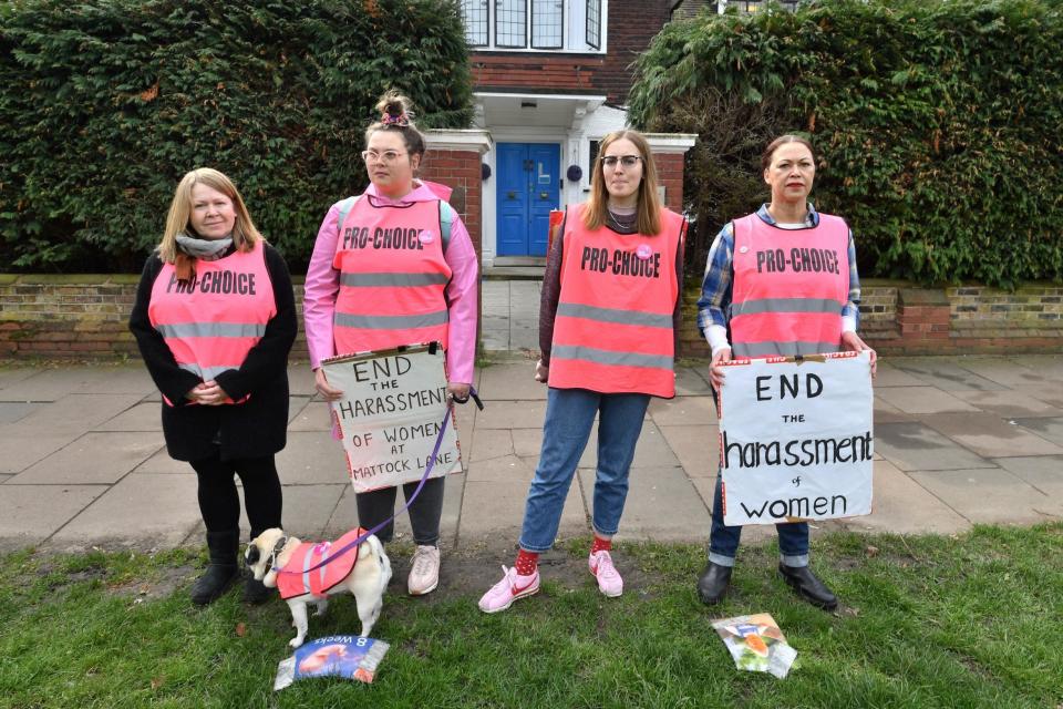 Pro-choice demonstrators gathering outside the Marie Stopes clinic on Mattock Lane (PA)