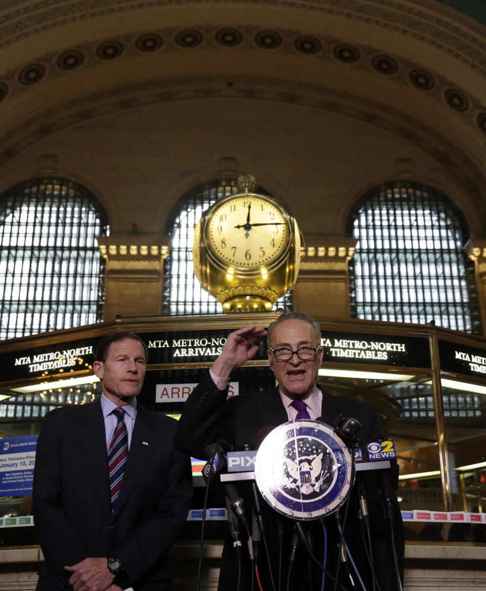 U.S. Sen. Richard Blumenthal, D-CT, left, and U.S. Sen. Charles Schumer, D-NY, comment on a report by the Federal Railroad Administration about the Metro-North Railroad, at the information booth in New York's Grand Central Terminal, Friday, March 14, 2014. Metro-North commuter railroad has allowed an overemphasis on train times to "routinely" overshadow its safety operations, according to an FRA review that was released Friday. (AP Photo/Richard Drew)