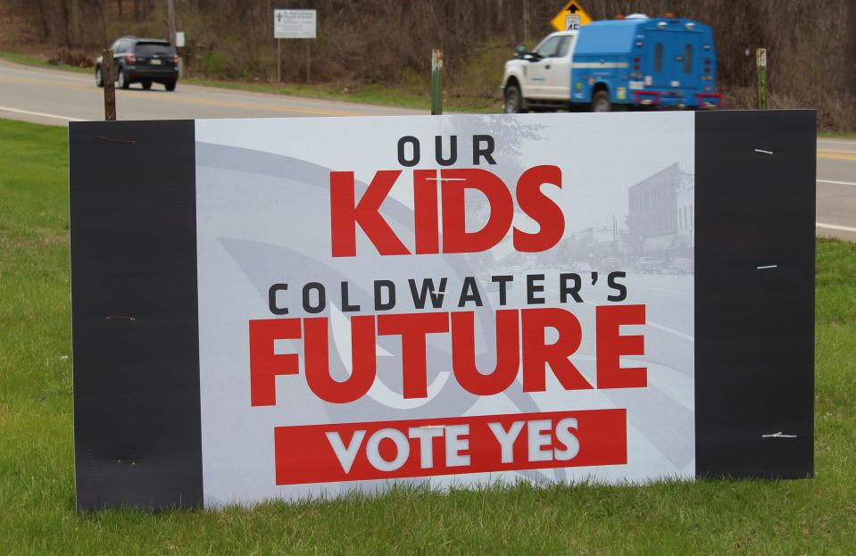 Signs supporting the May 3 proposal are posted around Coldwater.