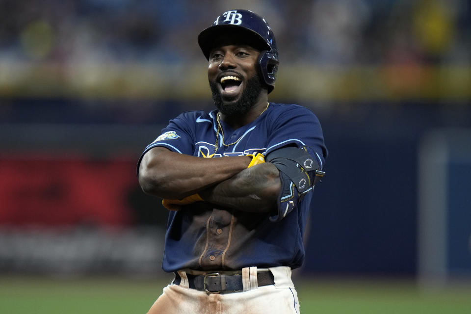 Tampa Bay Rays' Randy Arozarena reacts after his RBI single off Toronto Blue Jays relief pitcher Adam Cimber during the seventh inning of a baseball game Thursday, May 25, 2023, in St. Petersburg, Fla. (AP Photo/Chris O'Meara)