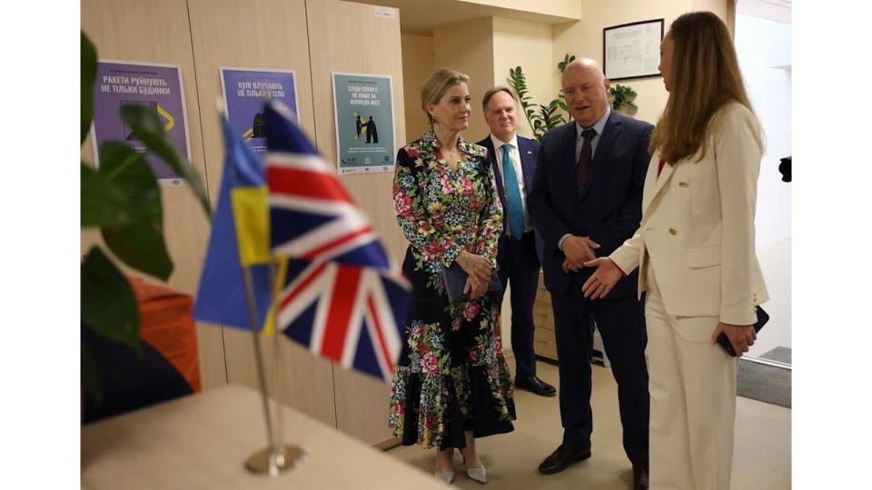 Duchess of Edinburgh Sophie visits the United Nations Population Fund (UNFPA) office to meet with war victims in Kyiv, on April 29, 2024 amid the Russian invasion of Ukraine. The visit, to demonstrate solidarity with the women, men and children impacted by the war, is a continuation of her work to champion survivors of conflict related sexual violence.