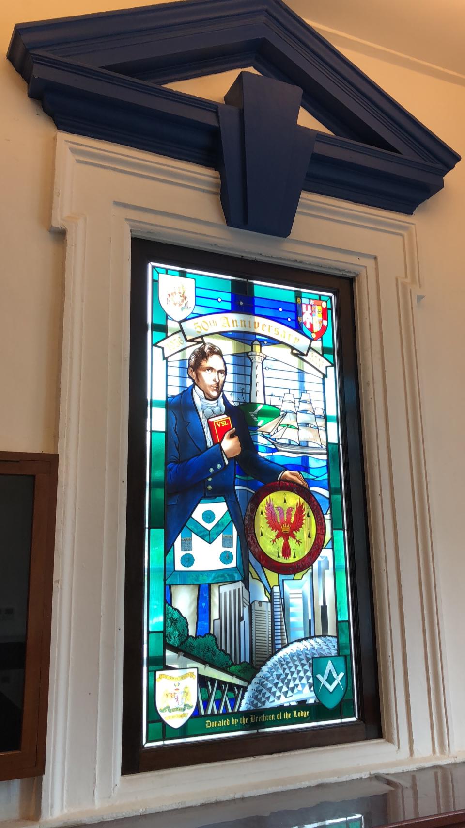 A stained glass relief at Freemasons’ Hall of Sir Thomas Stamford Raffles, Singapore’s most famous Freemason. PHOTO: Nicholas Yong/Yahoo News Singapore