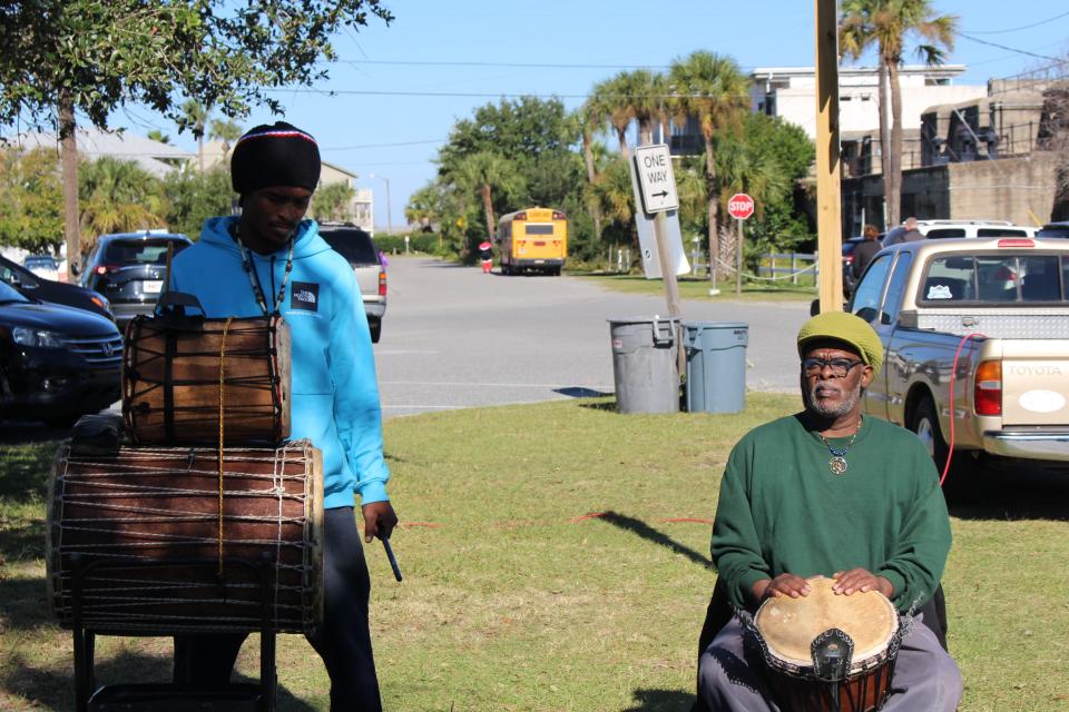 Father and son duo Yusuf and Abu Majied Major perform a Traditional African Drum song during Tybee's remembrance ceremony.