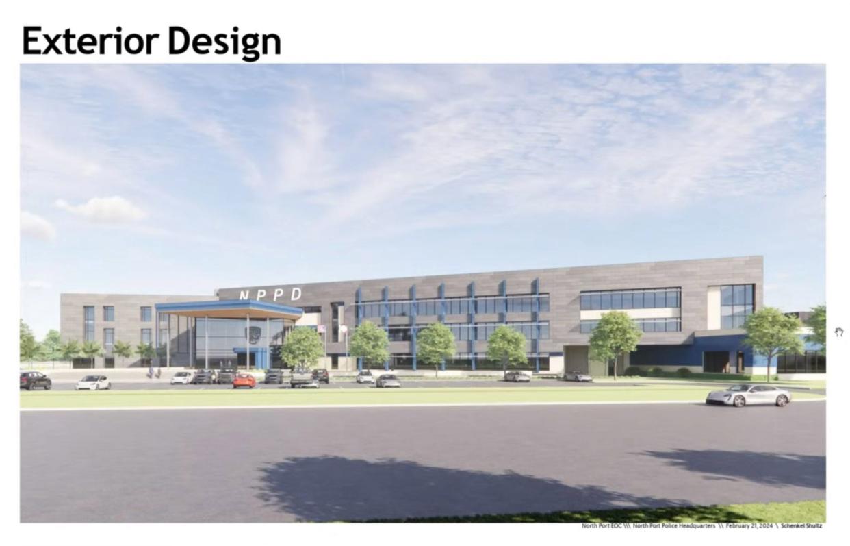 This rendering, provided by SchenkelShultz Architecture, depicts the proposed new North Port Police Station. The city purchased a site for the new station, which is on the west side of Toledo Blade Boulevard, north of Interstate 75 and south of Tropicaire Boulevard.