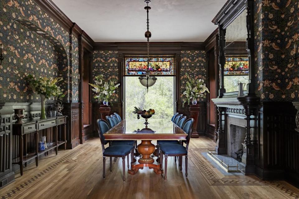 In a $7 million restoration of an 1889 mansion destroyed by fire, Averbeck recreated the property’s historic red oak details and stained glass to bring the dining room back to life