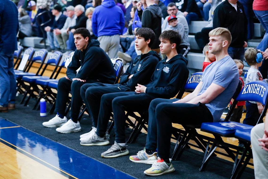 North Laurel had four players sit out Saturday’s game against Lyon County at Lexington Catholic due to injury. From left are Ryan Davidson, Reece Davidson, Colton Rawlings and Gavin Chadwell. All are expected to return to the lineup soon.