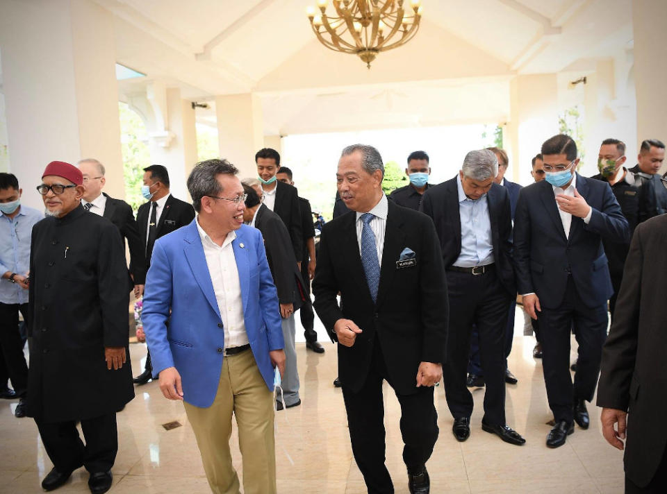 Tan Sri Muhyiddin and Prof Datuk Seri Dr Sim Kui Hian of SUPP in Putrajaya July 1, 2020. — Picture from Facebook/Muhyiddin Yassin